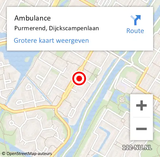Locatie op kaart van de 112 melding: Ambulance Purmerend, Dijckscampenlaan op 14 juli 2023 15:43