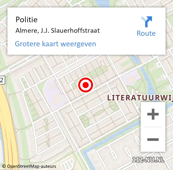 Locatie op kaart van de 112 melding: Politie Almere, J.J. Slauerhoffstraat op 14 juli 2023 15:57