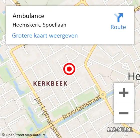 Locatie op kaart van de 112 melding: Ambulance Heemskerk, Spoellaan op 14 juli 2023 16:41