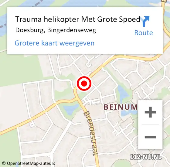 Locatie op kaart van de 112 melding: Trauma helikopter Met Grote Spoed Naar Doesburg, Bingerdenseweg op 14 juli 2023 20:49