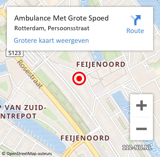 Locatie op kaart van de 112 melding: Ambulance Met Grote Spoed Naar Rotterdam, Persoonsstraat op 15 juli 2023 00:16