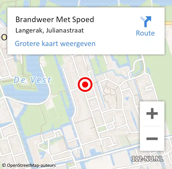 Locatie op kaart van de 112 melding: Brandweer Met Spoed Naar Langerak, Julianastraat op 16 juli 2023 00:47