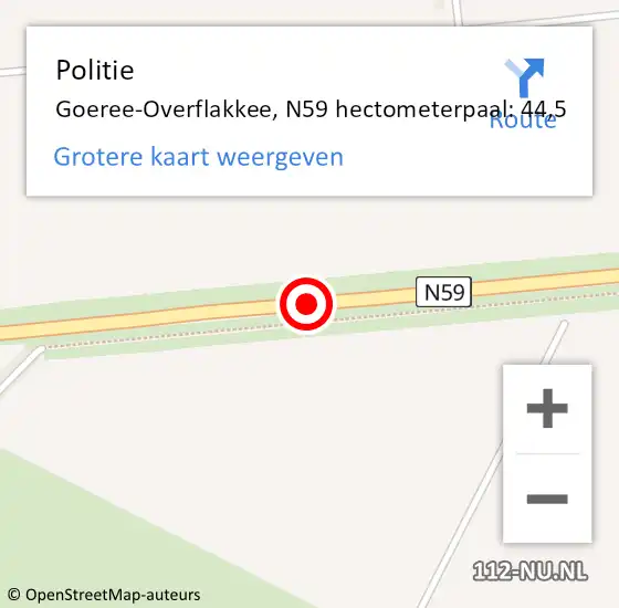 Locatie op kaart van de 112 melding: Politie Goeree-Overflakkee, N59 hectometerpaal: 44,5 op 16 juli 2023 04:33