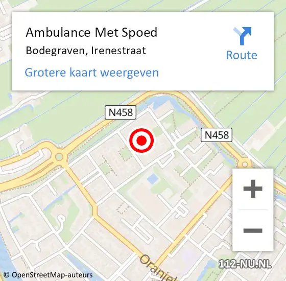 Locatie op kaart van de 112 melding: Ambulance Met Spoed Naar Bodegraven, Irenestraat op 17 juli 2023 10:37