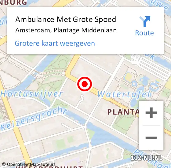 Locatie op kaart van de 112 melding: Ambulance Met Grote Spoed Naar Amsterdam, Plantage Middenlaan op 1 september 2014 22:52