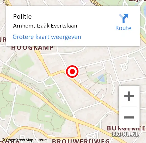 Locatie op kaart van de 112 melding: Politie Arnhem, Izaäk Evertslaan op 17 juli 2023 14:44