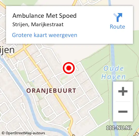 Locatie op kaart van de 112 melding: Ambulance Met Spoed Naar Strijen, Marijkestraat op 18 juli 2023 13:51