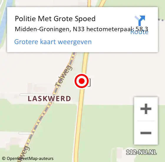 Locatie op kaart van de 112 melding: Politie Met Grote Spoed Naar Midden-Groningen, N33 hectometerpaal: 58,3 op 18 juli 2023 20:37