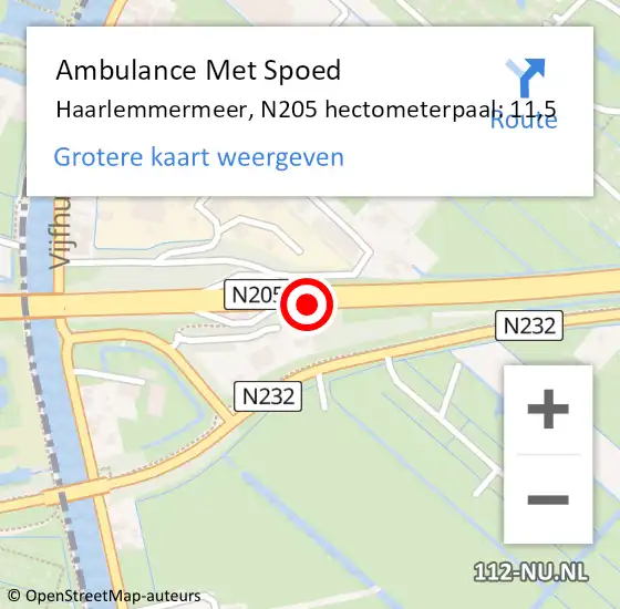 Locatie op kaart van de 112 melding: Ambulance Met Spoed Naar Haarlemmermeer, N205 hectometerpaal: 11,5 op 18 juli 2023 21:08