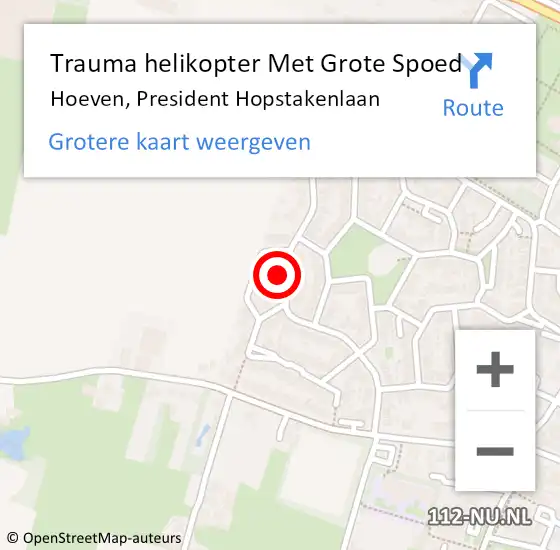 Locatie op kaart van de 112 melding: Trauma helikopter Met Grote Spoed Naar Hoeven, President Hopstakenlaan op 19 juli 2023 06:52