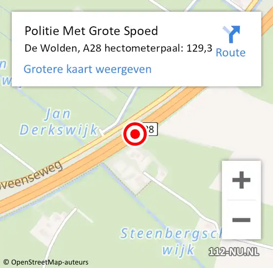 Locatie op kaart van de 112 melding: Politie Met Grote Spoed Naar De Wolden, A28 hectometerpaal: 129,3 op 19 juli 2023 14:36