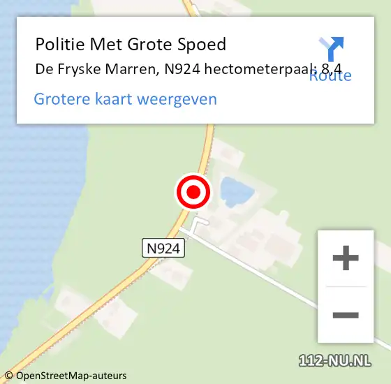 Locatie op kaart van de 112 melding: Politie Met Grote Spoed Naar De Fryske Marren, N924 hectometerpaal: 8,4 op 19 juli 2023 18:04