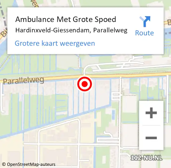 Locatie op kaart van de 112 melding: Ambulance Met Grote Spoed Naar Hardinxveld-Giessendam, Parallelweg op 19 juli 2023 18:28