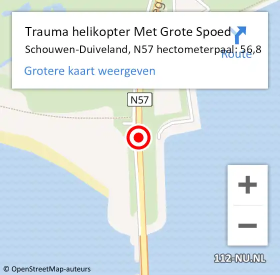 Locatie op kaart van de 112 melding: Trauma helikopter Met Grote Spoed Naar Schouwen-Duiveland, N57 hectometerpaal: 56,8 op 19 juli 2023 21:42