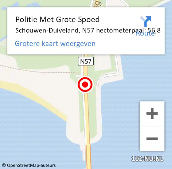 Locatie op kaart van de 112 melding: Politie Met Grote Spoed Naar Schouwen-Duiveland, N57 hectometerpaal: 56,8 op 19 juli 2023 21:49
