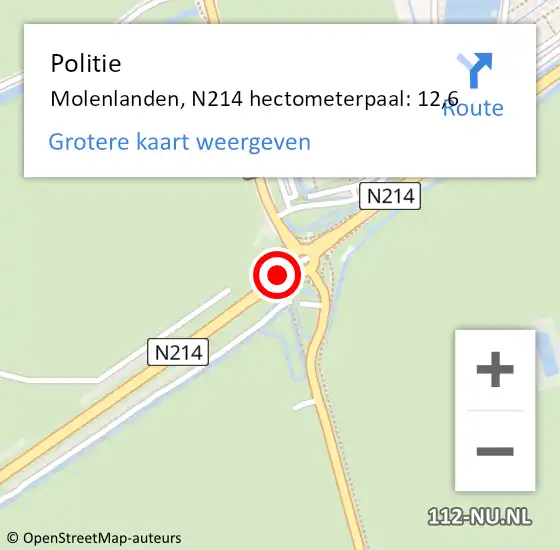 Locatie op kaart van de 112 melding: Politie Molenlanden, N214 hectometerpaal: 12,6 op 20 juli 2023 08:50