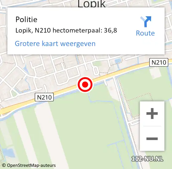 Locatie op kaart van de 112 melding: Politie Lopik, N210 hectometerpaal: 36,8 op 20 juli 2023 16:36