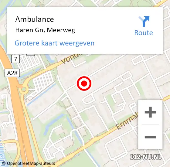 Locatie op kaart van de 112 melding: Ambulance Haren Gn, Meerweg op 22 juli 2023 09:45