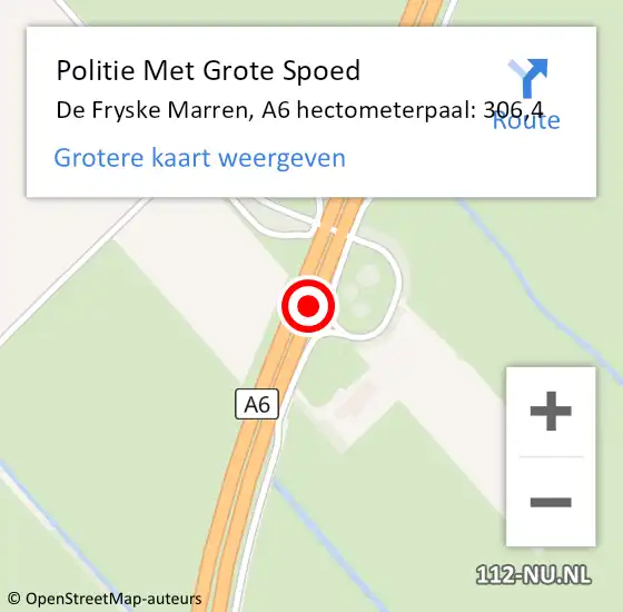 Locatie op kaart van de 112 melding: Politie Met Grote Spoed Naar De Fryske Marren, A6 hectometerpaal: 306,4 op 22 juli 2023 17:47