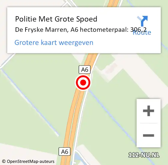 Locatie op kaart van de 112 melding: Politie Met Grote Spoed Naar De Fryske Marren, A6 hectometerpaal: 306,2 op 22 juli 2023 17:48
