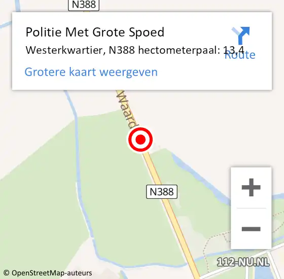 Locatie op kaart van de 112 melding: Politie Met Grote Spoed Naar Westerkwartier, N388 hectometerpaal: 13,4 op 23 juli 2023 02:10