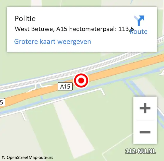 Locatie op kaart van de 112 melding: Politie West Betuwe, A15 hectometerpaal: 113,5 op 23 juli 2023 10:44