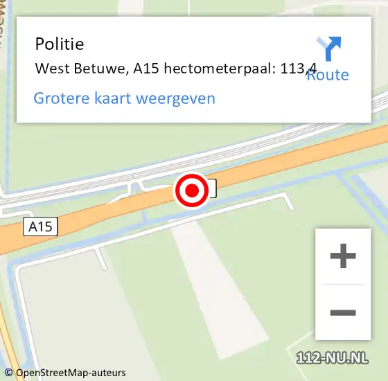 Locatie op kaart van de 112 melding: Politie West Betuwe, A15 hectometerpaal: 113,4 op 23 juli 2023 10:48