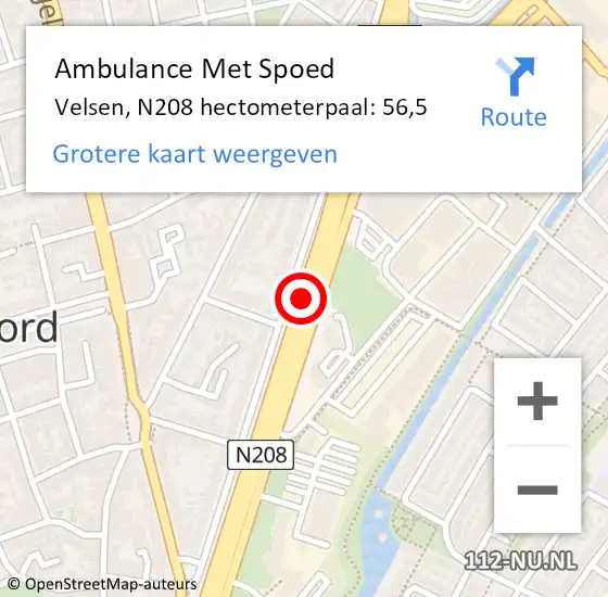Locatie op kaart van de 112 melding: Ambulance Met Spoed Naar Velsen, N208 hectometerpaal: 56,5 op 23 juli 2023 18:35