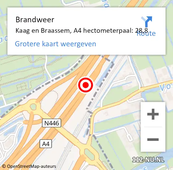 Locatie op kaart van de 112 melding: Brandweer Kaag en Braassem, A4 hectometerpaal: 28,8 op 23 juli 2023 22:46