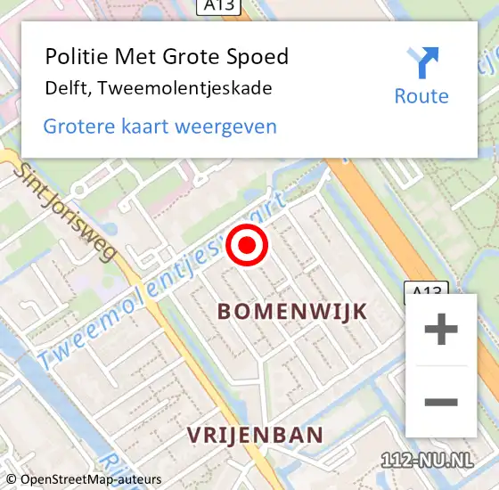Locatie op kaart van de 112 melding: Politie Met Grote Spoed Naar Delft, Tweemolentjeskade op 23 juli 2023 23:35
