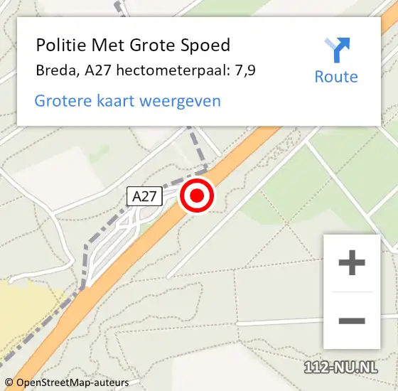 Locatie op kaart van de 112 melding: Politie Met Grote Spoed Naar Breda, A27 hectometerpaal: 7,9 op 24 juli 2023 10:47
