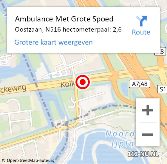 Locatie op kaart van de 112 melding: Ambulance Met Grote Spoed Naar Oostzaan, N516 hectometerpaal: 2,6 op 24 juli 2023 15:39