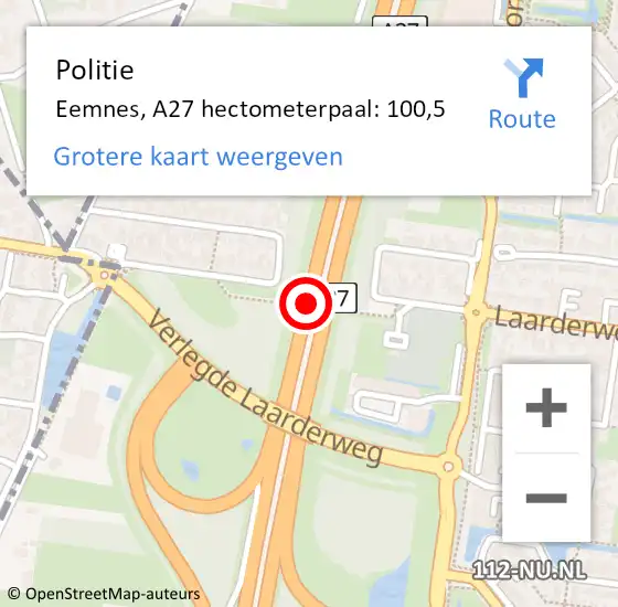 Locatie op kaart van de 112 melding: Politie Eemnes, A27 hectometerpaal: 100,5 op 24 juli 2023 16:33