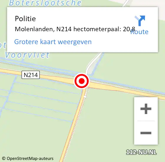 Locatie op kaart van de 112 melding: Politie Molenlanden, N214 hectometerpaal: 20,8 op 24 juli 2023 18:11