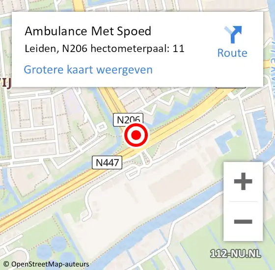 Locatie op kaart van de 112 melding: Ambulance Met Spoed Naar Leiden, N206 hectometerpaal: 11 op 25 juli 2023 08:11