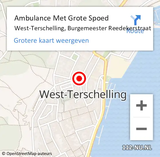Locatie op kaart van de 112 melding: Ambulance Met Grote Spoed Naar West-Terschelling, Burgemeester Reedekerstraat op 26 juli 2023 07:56