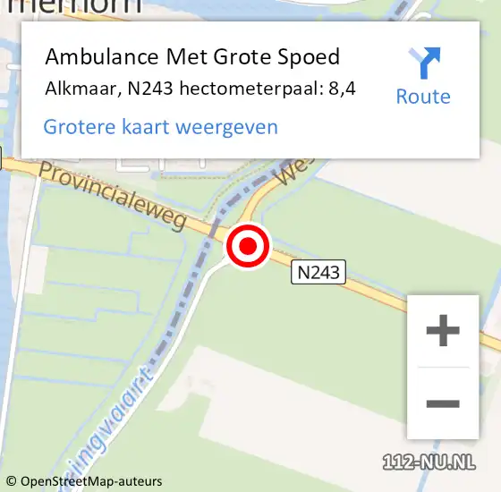 Locatie op kaart van de 112 melding: Ambulance Met Grote Spoed Naar Alkmaar, N243 hectometerpaal: 8,4 op 26 juli 2023 19:38