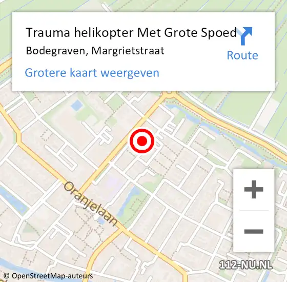 Locatie op kaart van de 112 melding: Trauma helikopter Met Grote Spoed Naar Bodegraven, Margrietstraat op 27 juli 2023 08:52