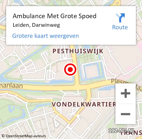 Locatie op kaart van de 112 melding: Ambulance Met Grote Spoed Naar Leiden, Darwinweg op 27 juli 2023 14:26