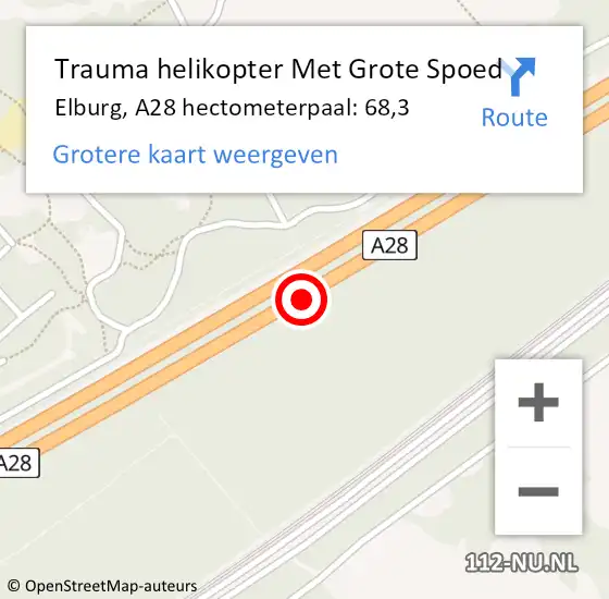 Locatie op kaart van de 112 melding: Trauma helikopter Met Grote Spoed Naar Elburg, A28 hectometerpaal: 68,3 op 28 juli 2023 03:50