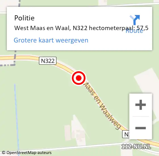 Locatie op kaart van de 112 melding: Politie West Maas en Waal, N322 hectometerpaal: 57,5 op 28 juli 2023 06:27