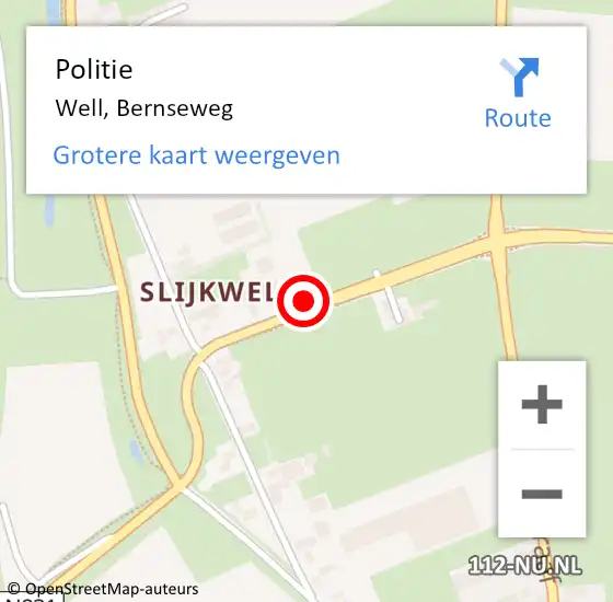 Locatie op kaart van de 112 melding: Politie Well, Bernseweg op 29 juli 2023 11:42