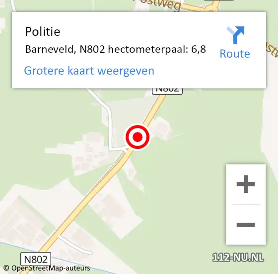 Locatie op kaart van de 112 melding: Politie Barneveld, N802 hectometerpaal: 6,8 op 29 juli 2023 21:41
