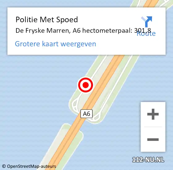 Locatie op kaart van de 112 melding: Politie Met Spoed Naar De Fryske Marren, A6 hectometerpaal: 301,8 op 30 juli 2023 00:10