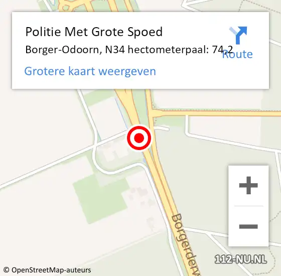 Locatie op kaart van de 112 melding: Politie Met Grote Spoed Naar Borger-Odoorn, N34 hectometerpaal: 74,2 op 30 juli 2023 07:57