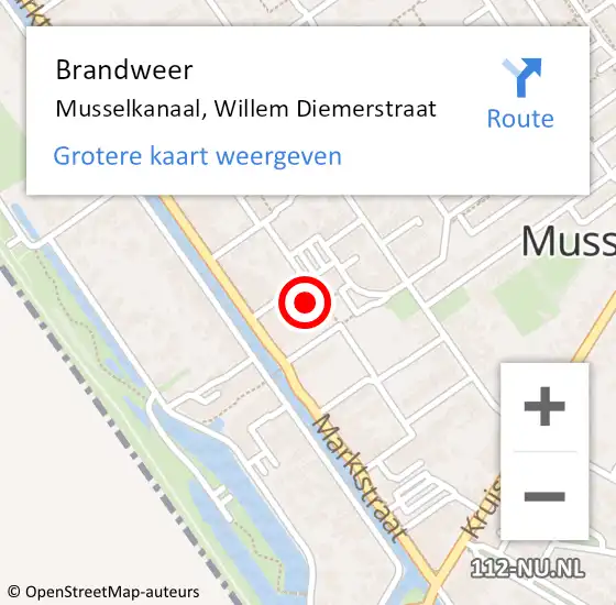 Locatie op kaart van de 112 melding: Brandweer Musselkanaal, Willem Diemerstraat op 31 juli 2023 13:41