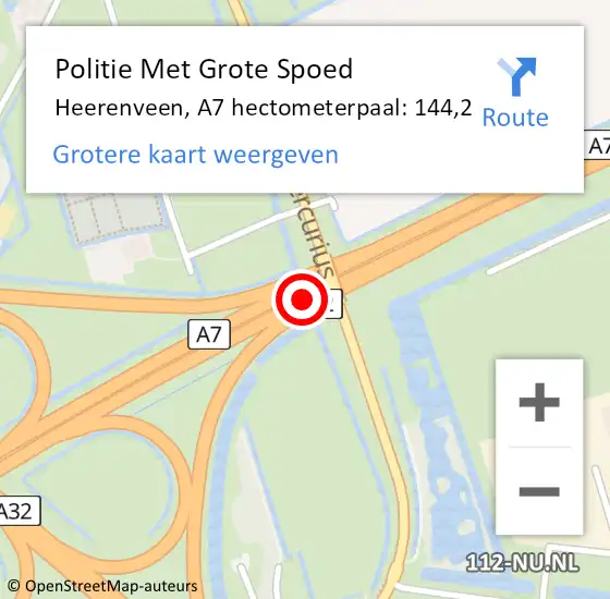 Locatie op kaart van de 112 melding: Politie Met Grote Spoed Naar Heerenveen, A7 hectometerpaal: 144,2 op 31 juli 2023 22:41