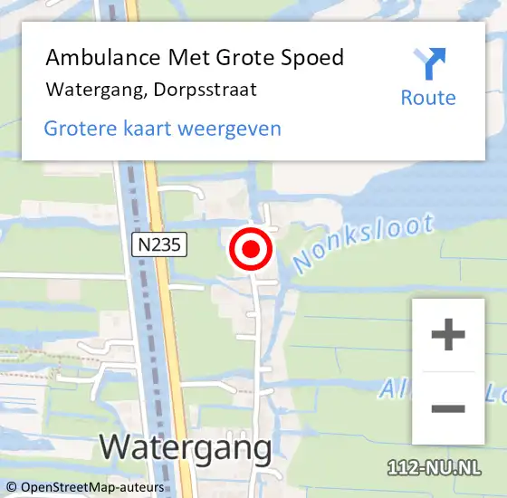 Locatie op kaart van de 112 melding: Ambulance Met Grote Spoed Naar Watergang, Dorpsstraat op 1 augustus 2023 03:57