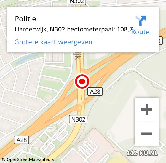 Locatie op kaart van de 112 melding: Politie Harderwijk, N302 hectometerpaal: 108,7 op 1 augustus 2023 17:08