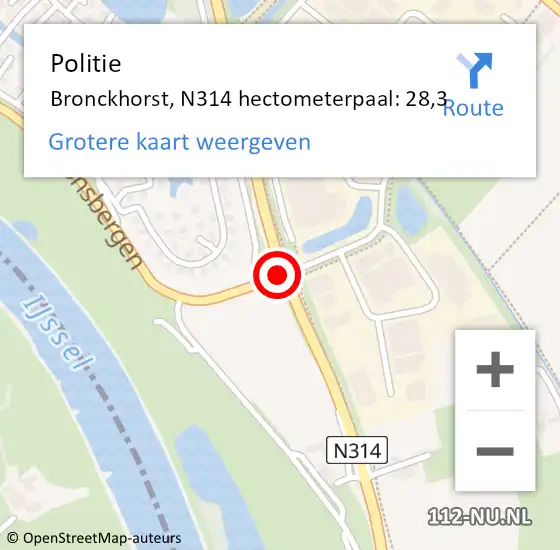 Locatie op kaart van de 112 melding: Politie Bronckhorst, N314 hectometerpaal: 28,3 op 1 augustus 2023 18:41